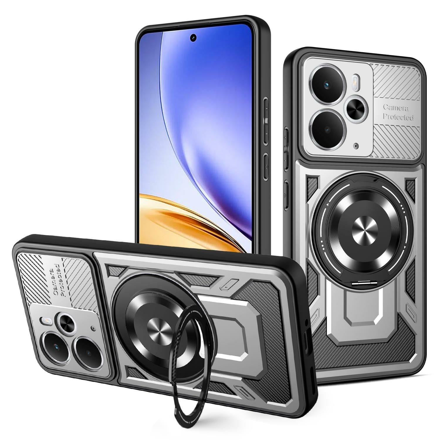 

For Realme 14 5G Magnetic Case Rotating Kickstand TPU+PC Phone Cover Grey