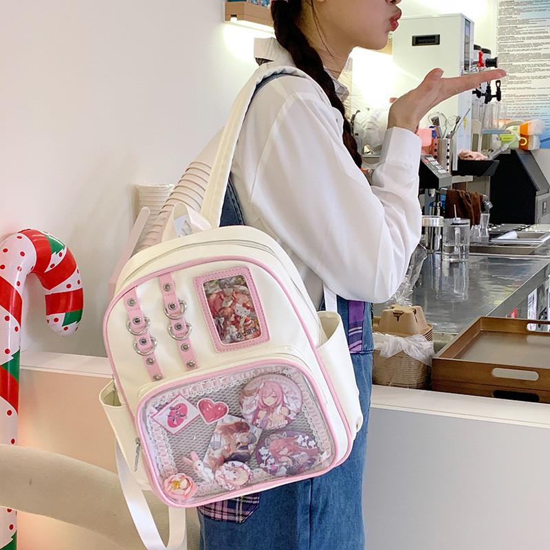 Blocked Simple Color Student Backpack With Transparent Compartment Badge Display