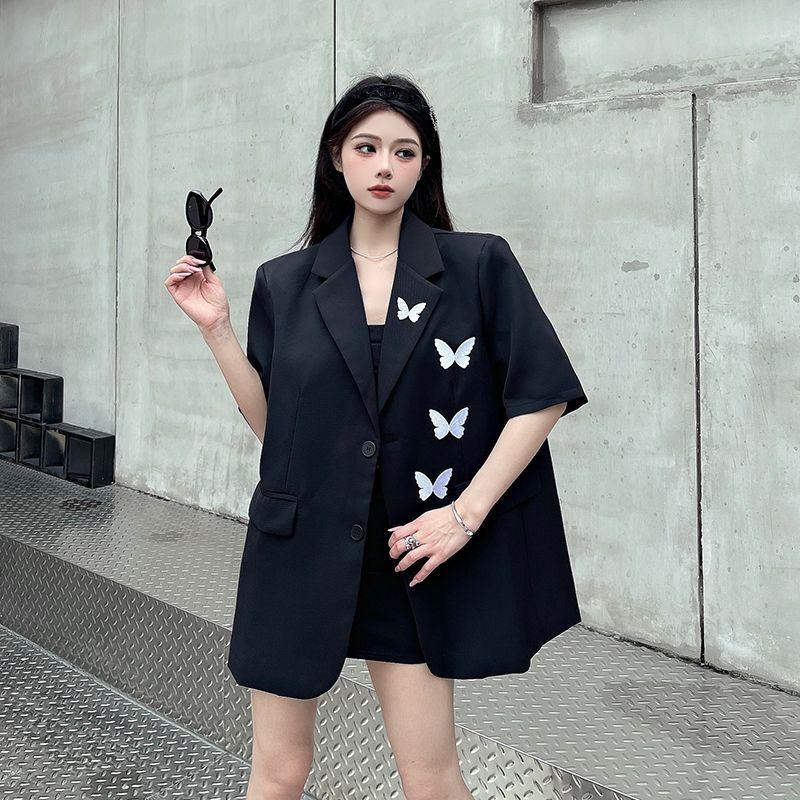 Blazer Nero a Maniche Corte Ricamato con Farfalle High Sense per Donna Estate Design di Nicchia Capo Esterno Completo Top