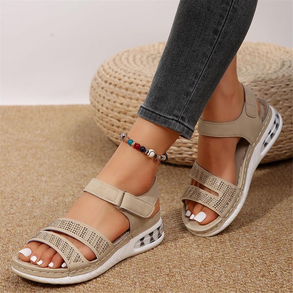 Sandalias ortopédicas cómodas para mujer con soporte de arco para caminar, cuñas de verano informales con velcro ajustable. : Correa abierta y elegante