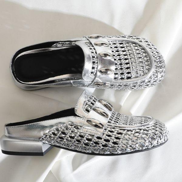 2025 summer new fashionable retro half drag woven metal buckle bag head drag comfortable casual breathable thick heel sandals