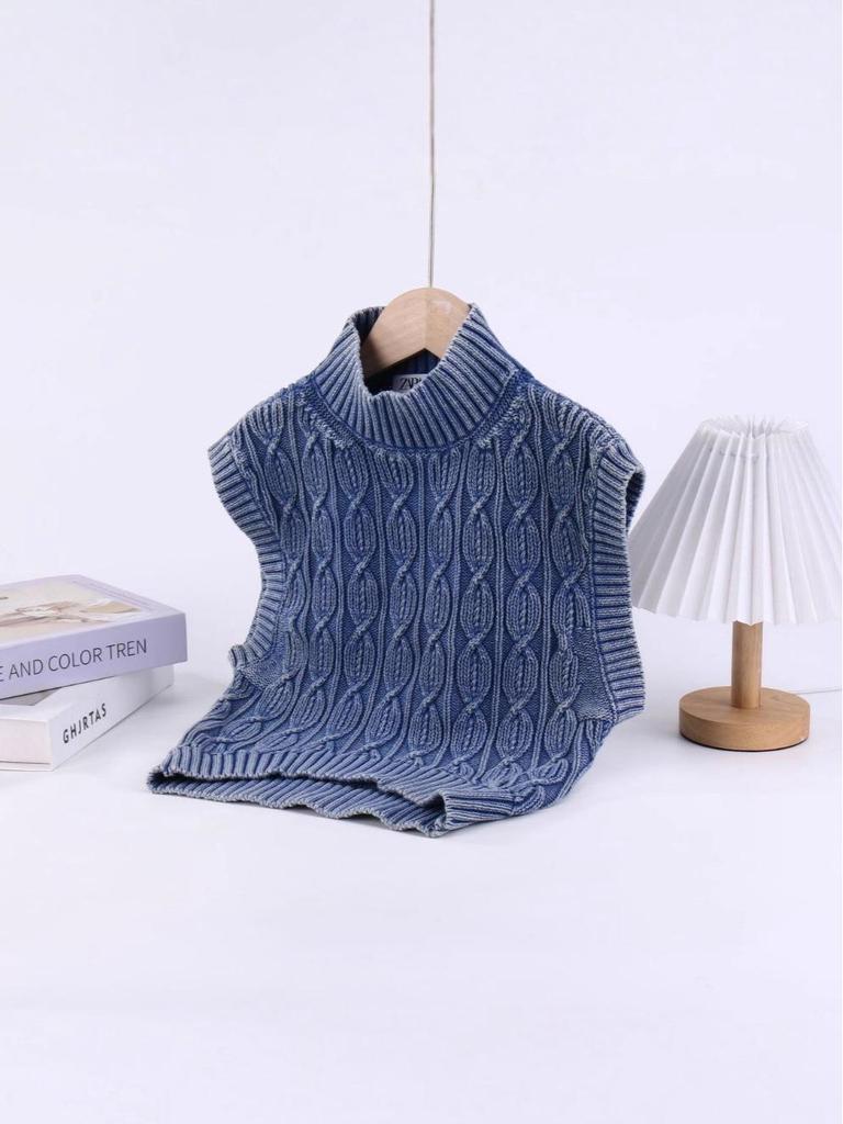 Kids' Sleeveless Knit Sweater: Autumn-Winter Half-High Collar Versatile Pattern Pullover