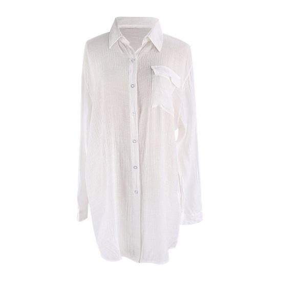 Women Shirt Lapel Buttons Placket Loose Fit Breathable Beach Cover-Up with Lace-Up Front Long Sleeve Sun Protection Shirt