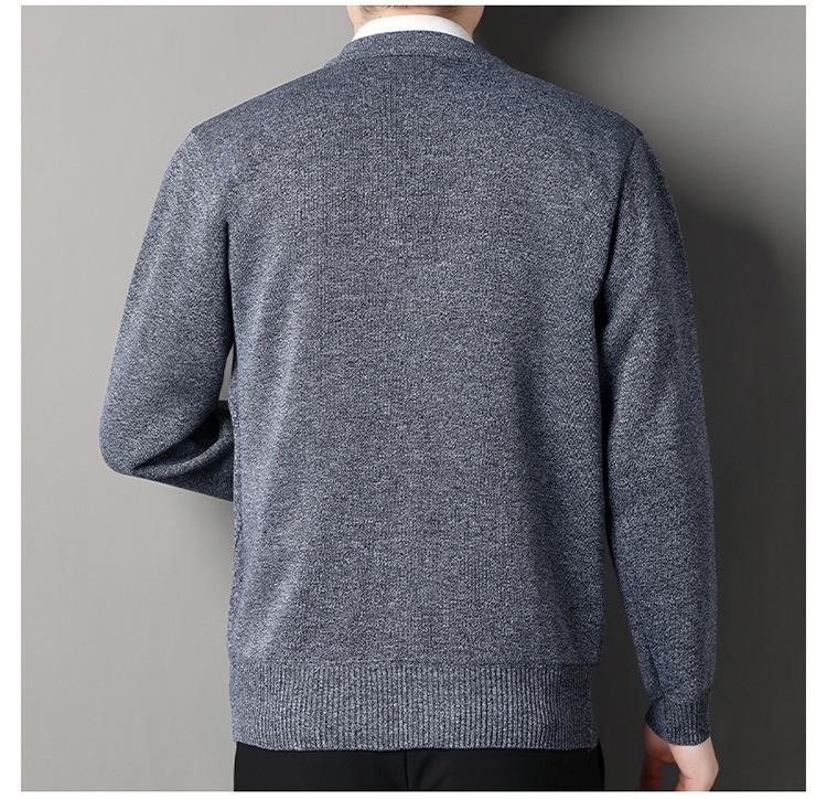 Men's V-Neck Jacquard Sweater Coat - Plus Velvet Knitted Cardigan for Autumn/Winter