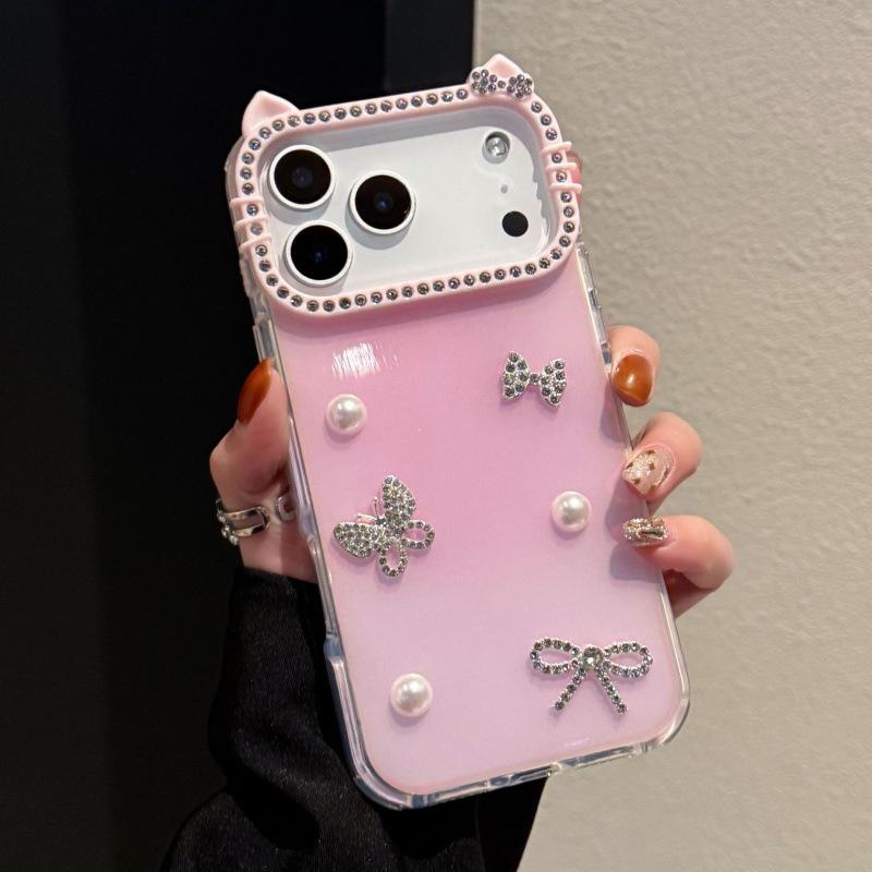 Color-Changing Butterfly Diamond Cat Ear Phone Case for iPhone 17 Pro Max/15/14/11