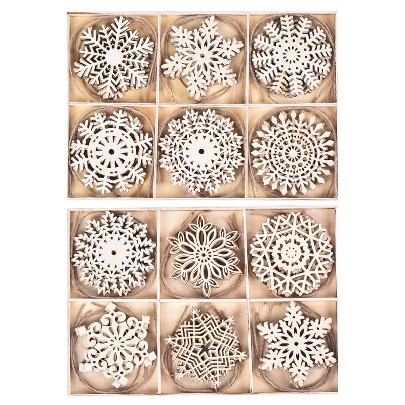 24pcs/box Christmas Wooden Snowflake Flake Hanging Can Doodle Diy Wooden Flake Christmas Decoration Hanging Decoration