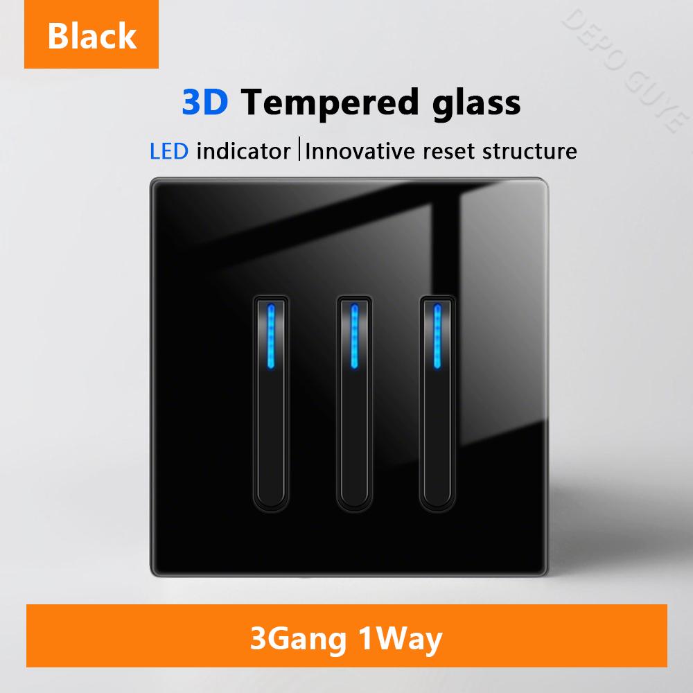 Luxury LED Indicator Light Switch Black Tempered Glass Piano Key Self-reset Wall switch,UK EU Universal USB C Electrical Socket