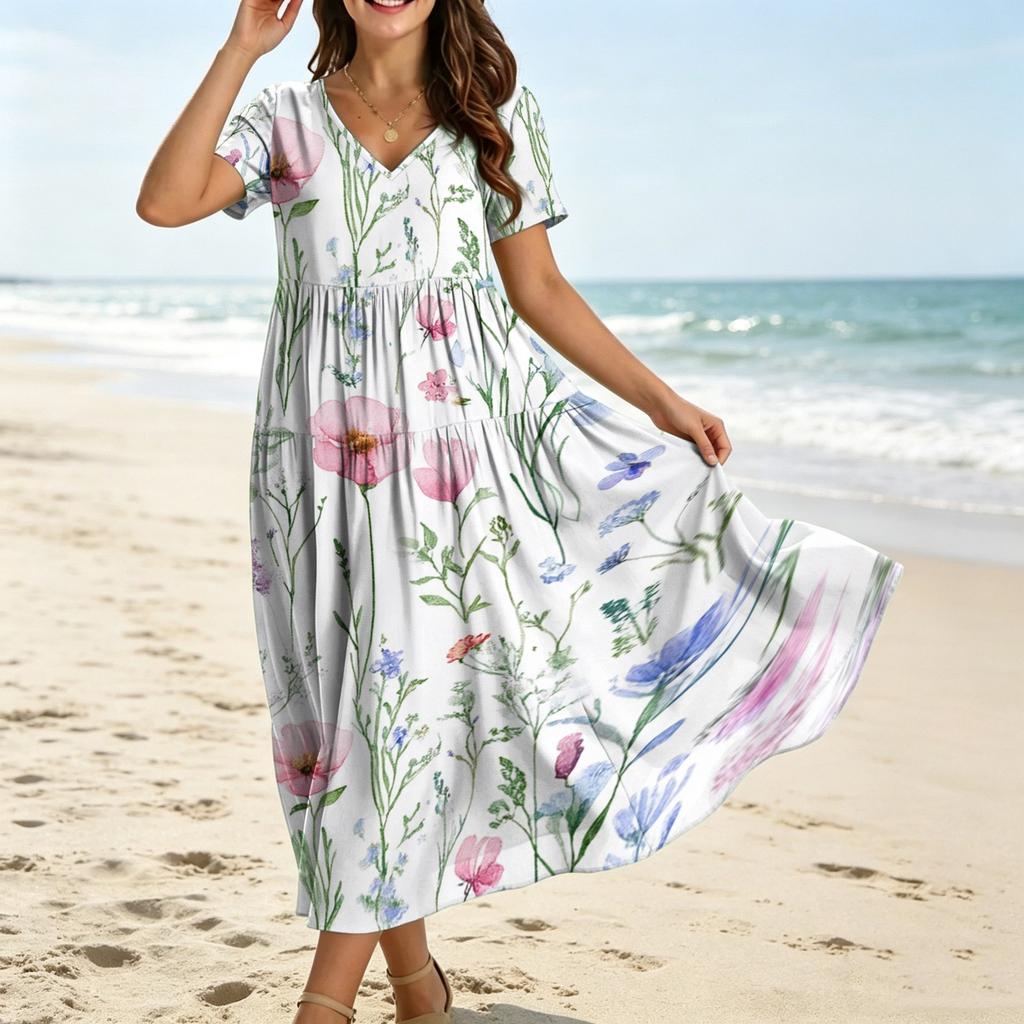 Women Loose Fit Bohemian Style Short Sleeve V Neck Dress with Gradient Floral Print Casual Summer Midi Dress