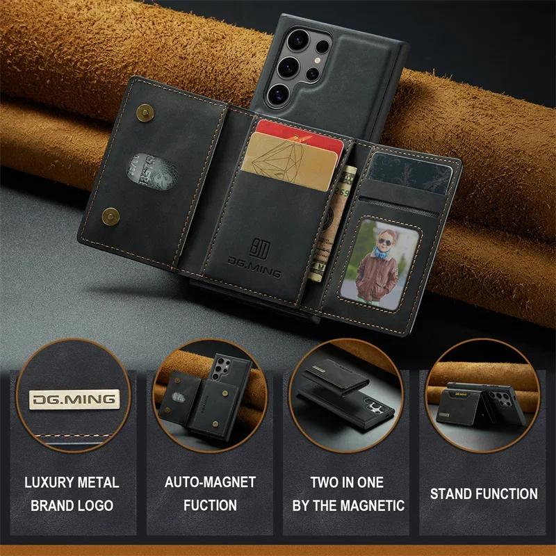 Luksusowe Magnetyczne Odpinane Skórzane Etui Portfel na Samsung Galaxy S26 S25 S24 S23 Ultra S22 S21 Plus S20 FE A55 A35 z Uchwytem na Karty