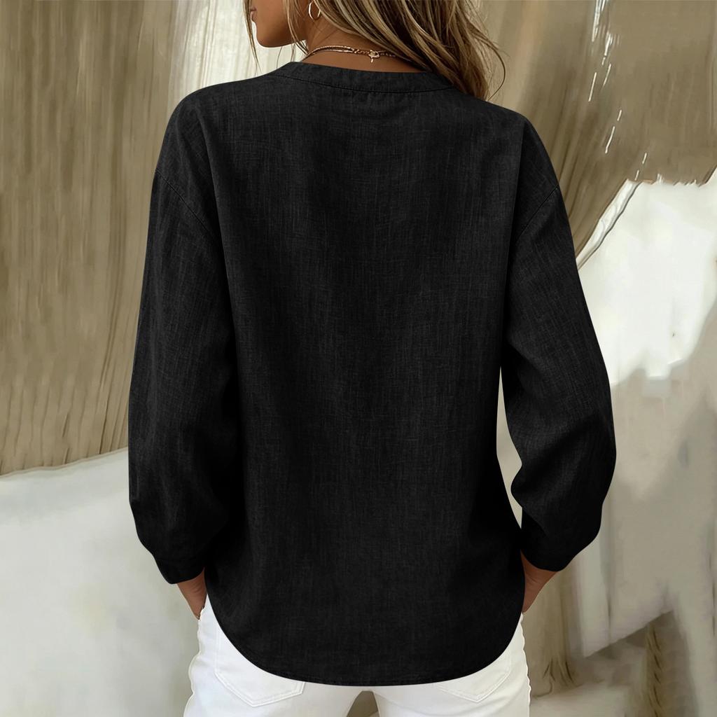 Women's Long Sleeve Button Down Blouse - Color Round Neck with Embroidery, Casual and Daily Wear Top for Women