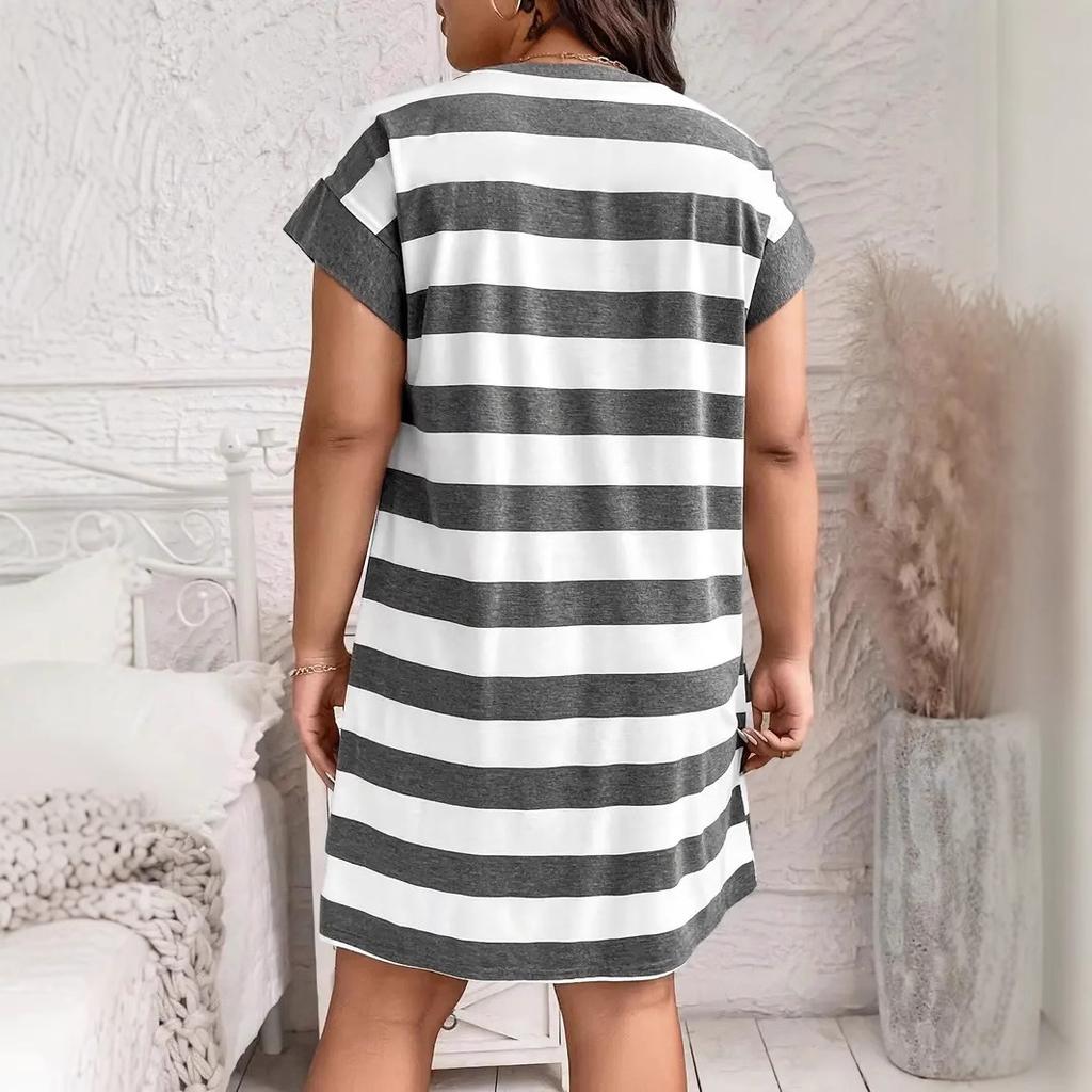 European and American Plus Size Striped Dress Casual Fashion Simple Short-sleeved Dress Women
