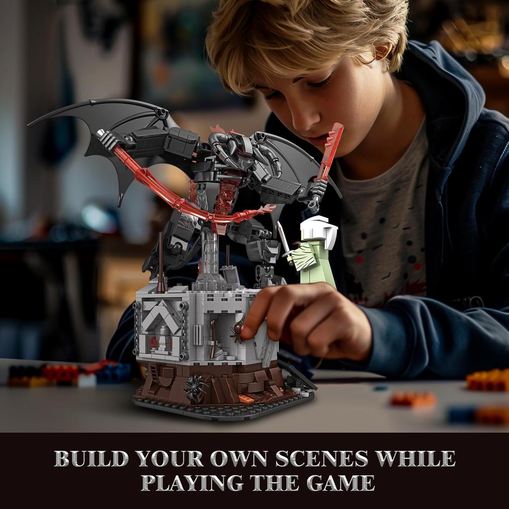 988 SZTUK Klocki Król Magicznych Pierścieni Diabeł Mroczny Władca Potwory vs Figurka na Klifie Zestaw do Budowania Potworów MOC