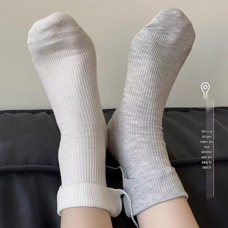 Women's Grey Knee-High Cotton Socks with Cuffs & Bows - Korean & Japanese Girly Style