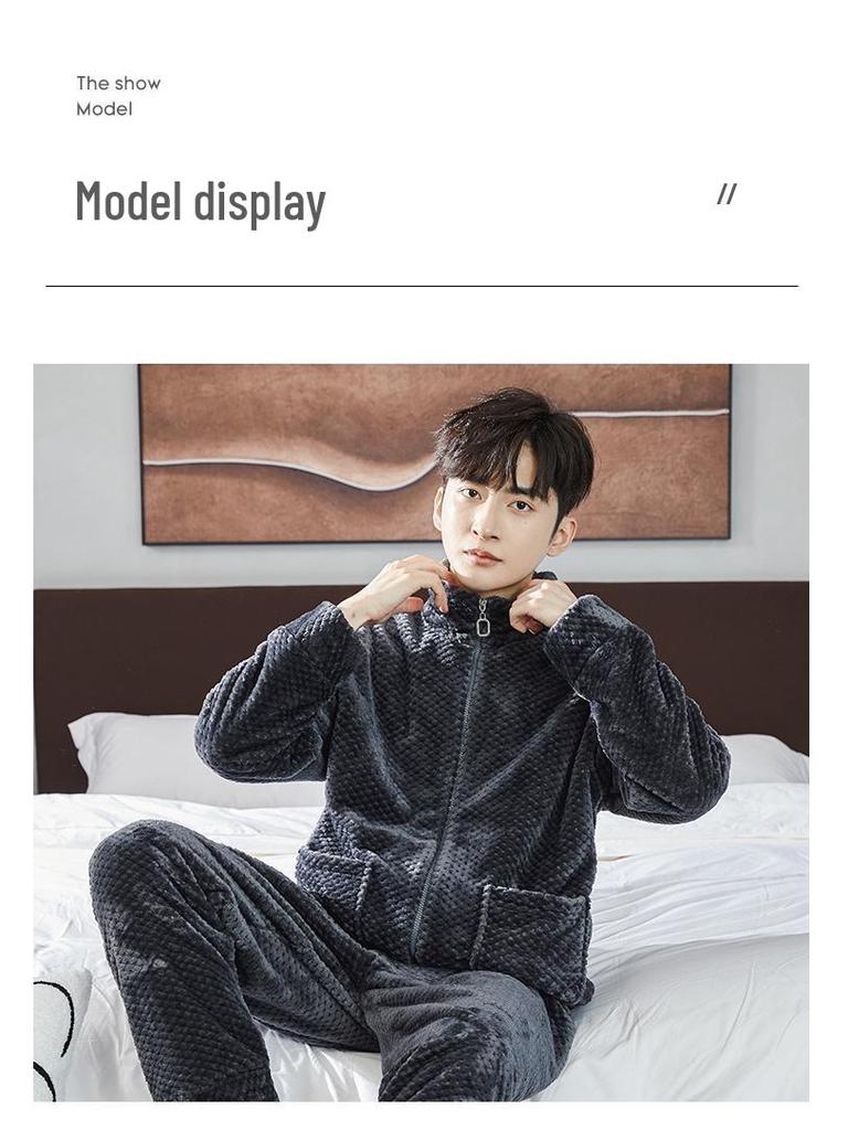 Men's Thick Coral Fleece Stand-Up Collar Zipper Pajamas - Warm Long Sleeve Homewear for Autumn & Winter