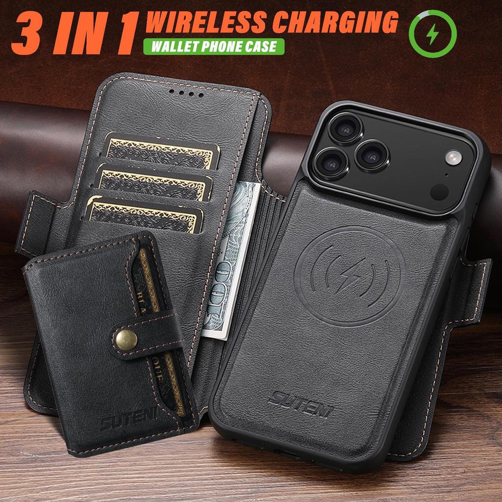Magnetické kožené flipové pouzdro pro iPhone 17 Pro Max se slotem na karty a bezdrátovým nabíjecím stojánkem 3 v 1