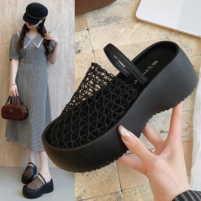 Retro mesh hollowed out bag head cool slippers women's summer wear thick-soled wedge heels high heels holiday word with sandals