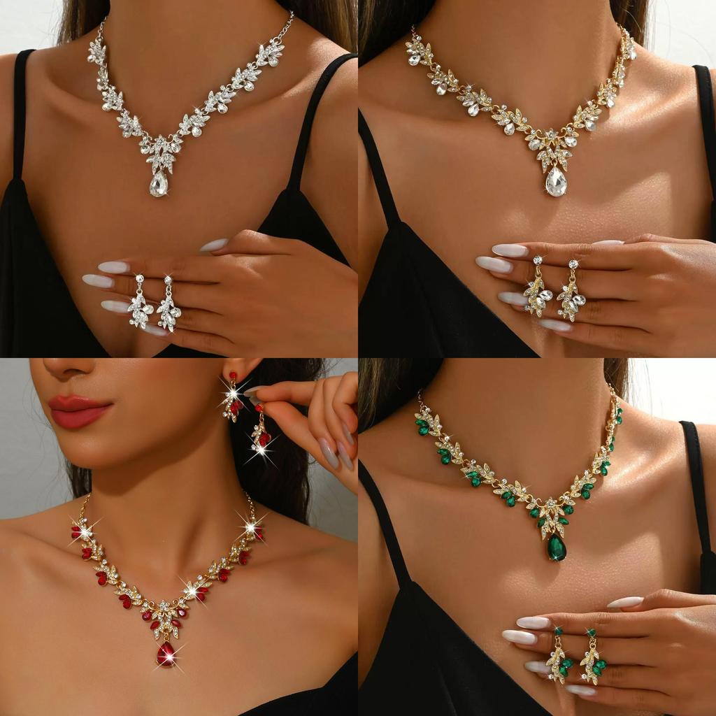 Elegante Set Collana e Orecchini Floreali con Pendente in Cristallo per Matrimonio Sposa