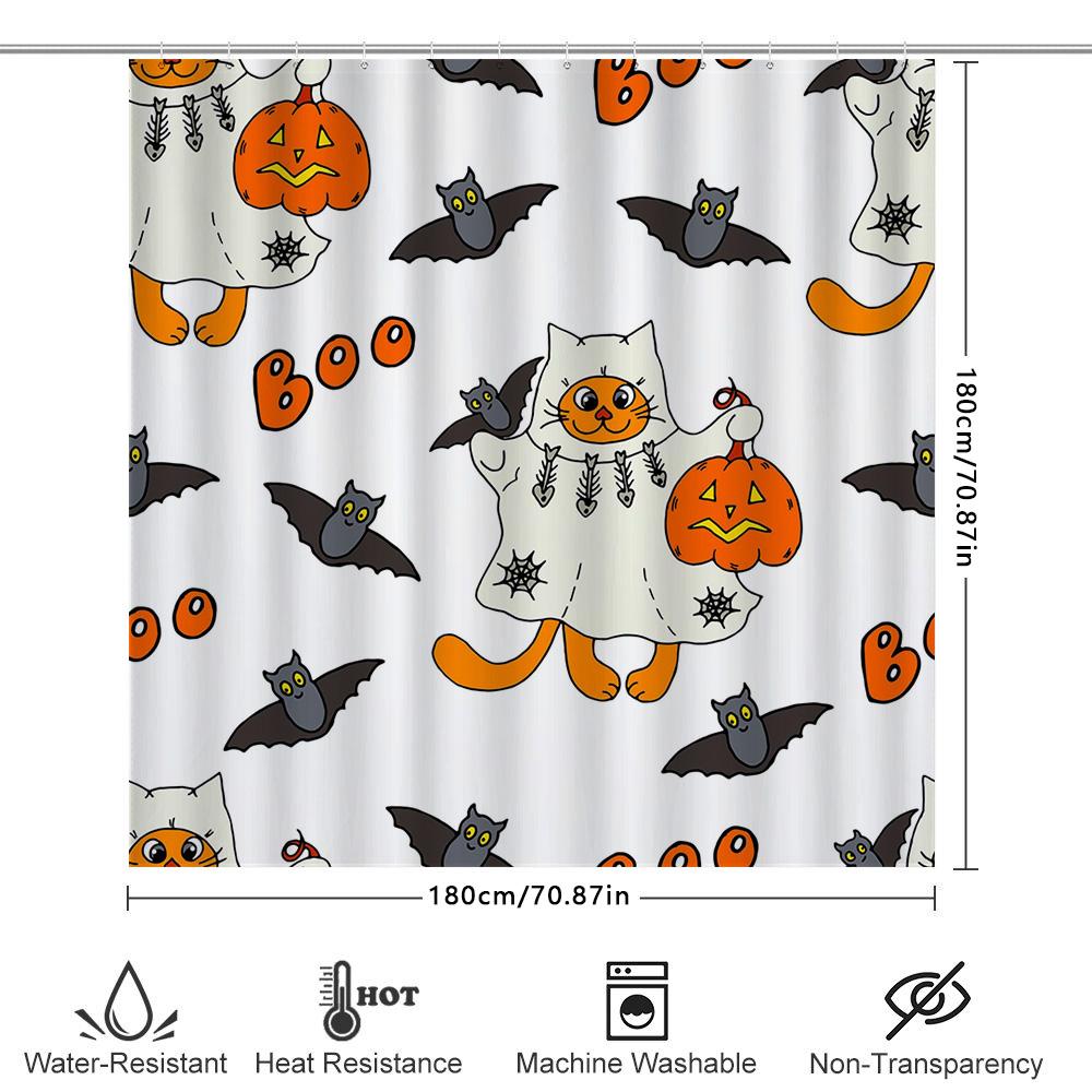 Whimsical Halloween Shower Curtain Setcats Pumpkins Decor White Fabric Waterproof Bath Liner For Kids Room Home Decoration (Whit