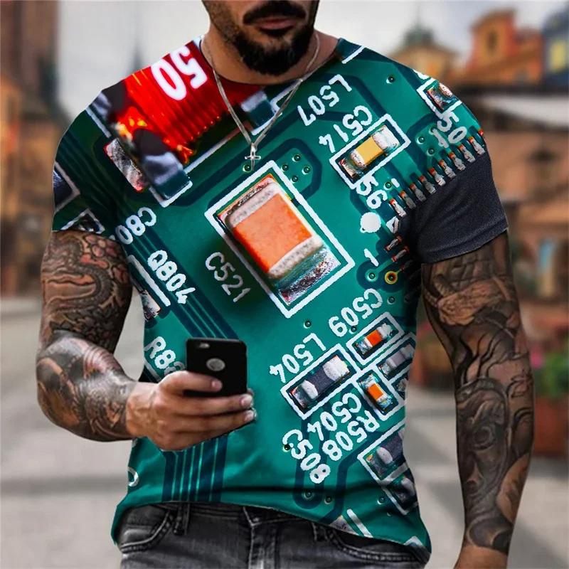 Funny CPU Processor Circuit Diagram 3D Men's Cool Design Round Neck Short Sleeved T-shirt