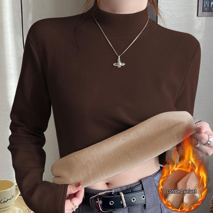 

Женский базовый топ DeRong из серебристого лисьего велюрового флиса, утолщенный для осени и зимы, с воротником от среднего до высокого, теплый. 2XL кофейный