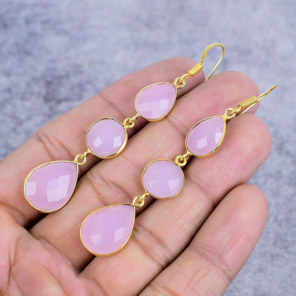 Pink Chalcedony Gemstone Handmade 925 Sterling Silver Jewelry Earring 2.96" M-2657