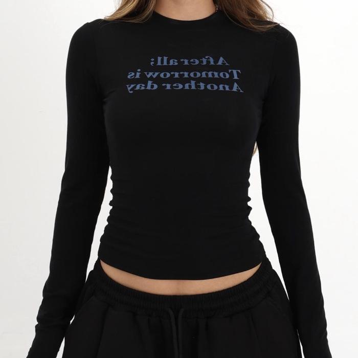 Retro Slim-Fit American Style Autumn Letter Print Long Sleeve Top Large чёрный