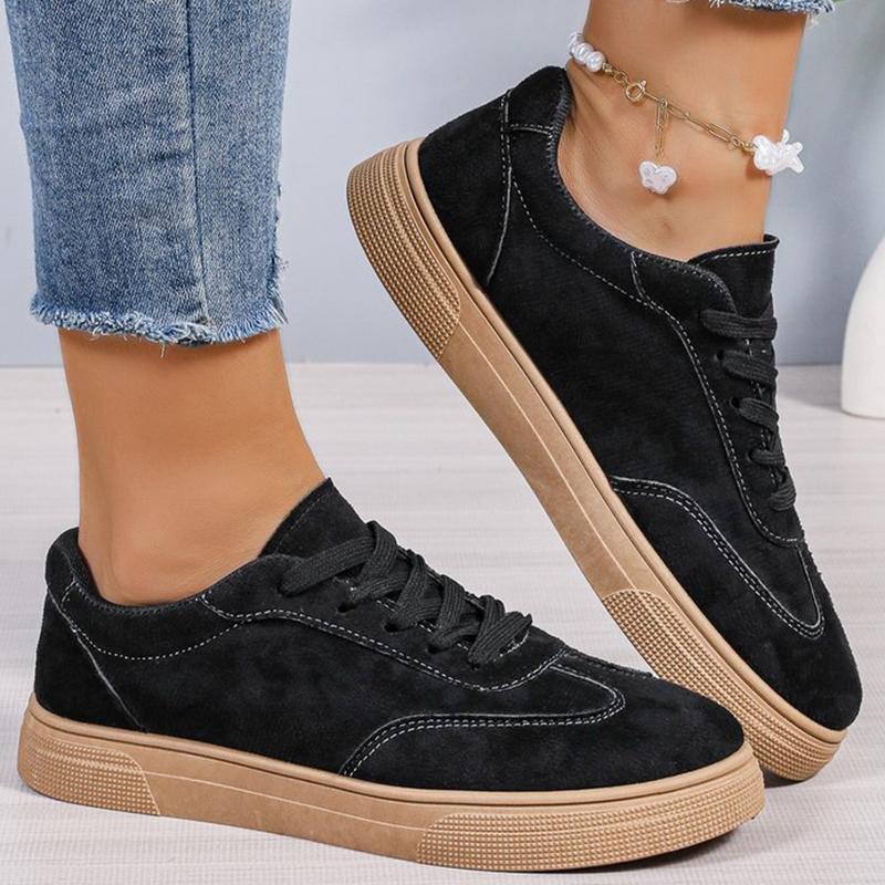 Fashion All Match Black Faux Suede Sports Shoes for Women Lace Up Low Top Sneakers Woman Sewing Wear Resistant Vulcanize Shoes Ladies