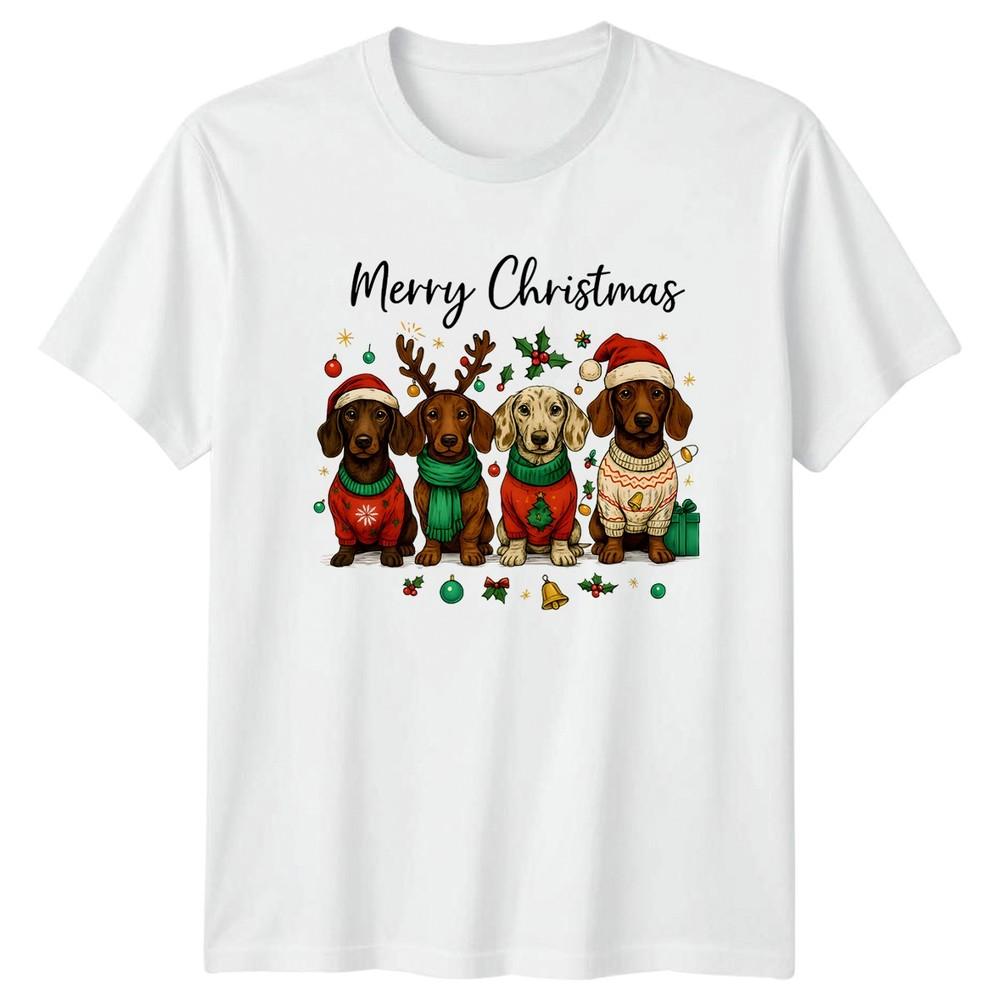 Merry Christmas Dachshund Dogs Holiday Mens TShirt Womens Tee Graphic Top Unisex T-Shirt S