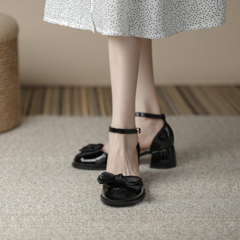 Mary Jane anklet buckle with hollow single shoes women's bow round head thick heel bag head sandals versatile casual shoes