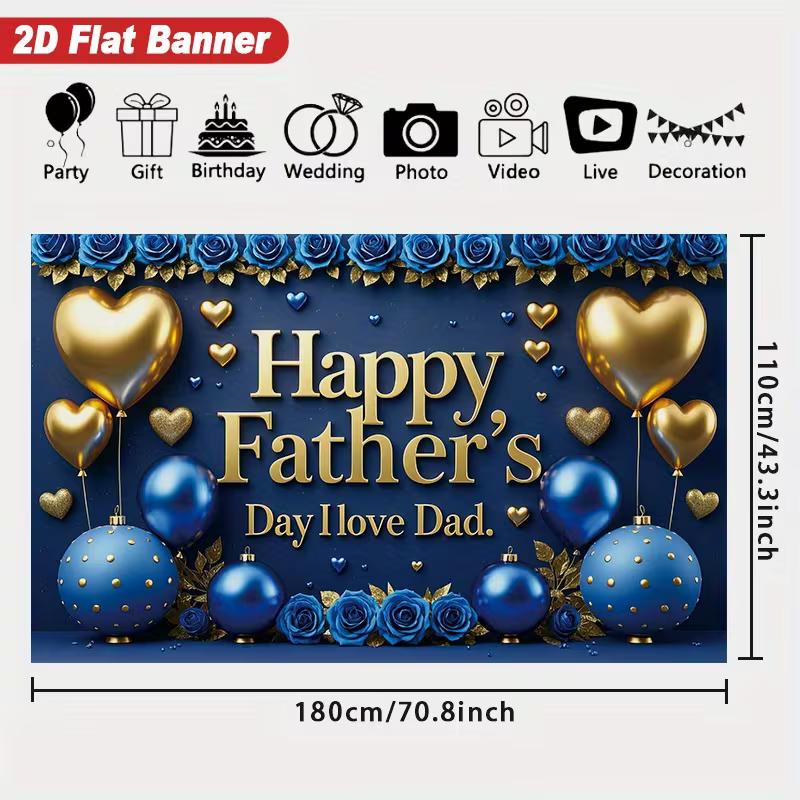 2D Flat Happy Father's Day Banner Navy Blue & Gold Themed Backdrop with "I Love Dad" Text
