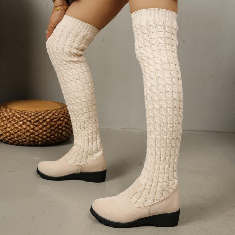 Knit Over The Knee Boots Fashion Round Toe Scrub Fleece Paneled Sleeve Soft Sole Stretch Boots
