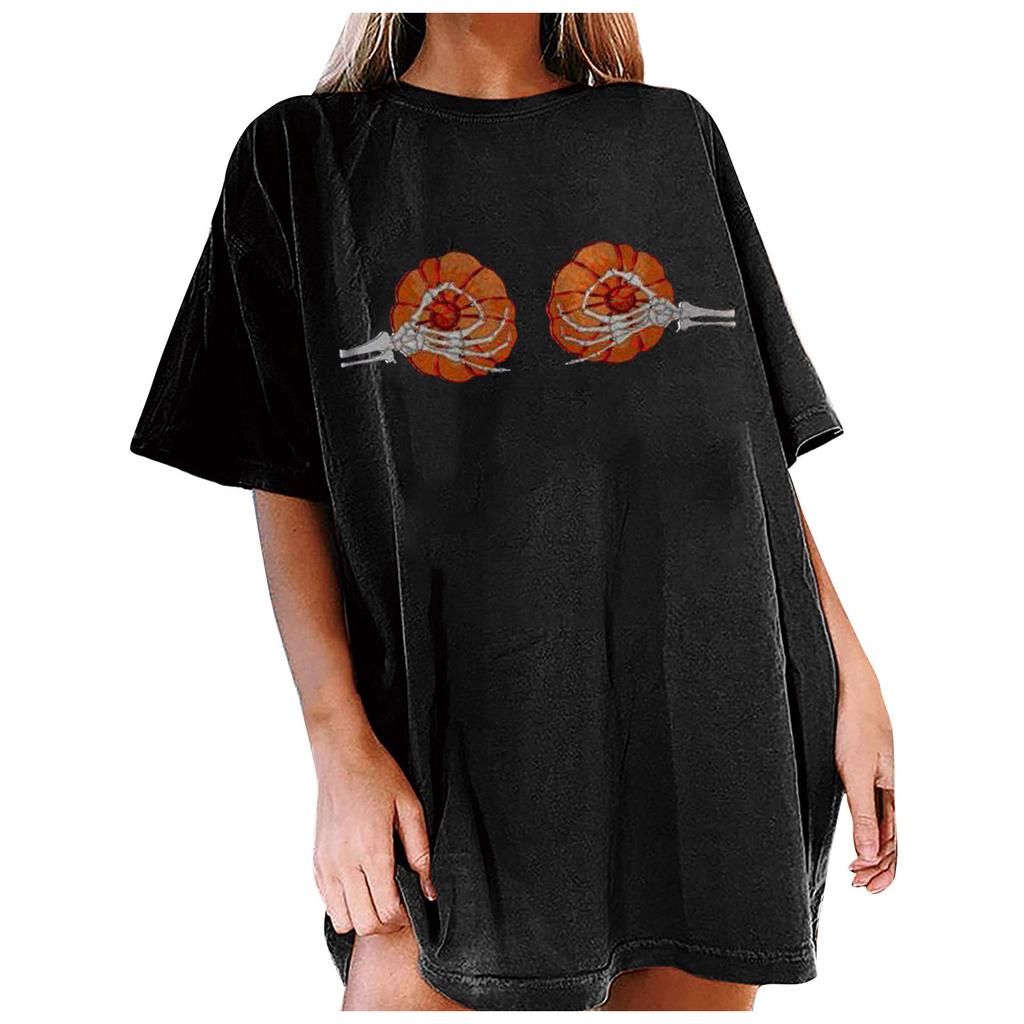 Women's Loose Blouse Round Neck Short Sleeve Halloween  Print T-shirt Top