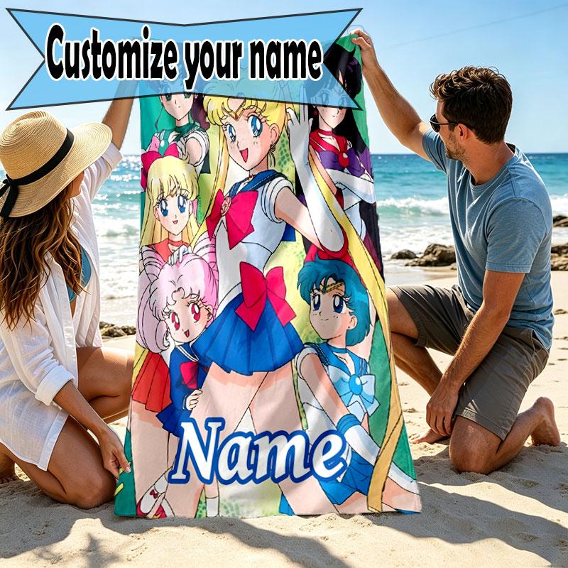 Custom Name Personalized Sailor Moon Print Beach Towel, for Trip Camping Beach Party Home Decor, Birthday Gift for Family & Friends