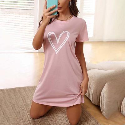 Heart Print Short Sleeve Nightdress - European & American Style, Comfortable & Sexy Home Leisure Wear