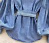 Retro Light Luxury Denim Top with Tie-Waist and Lantern Sleeves