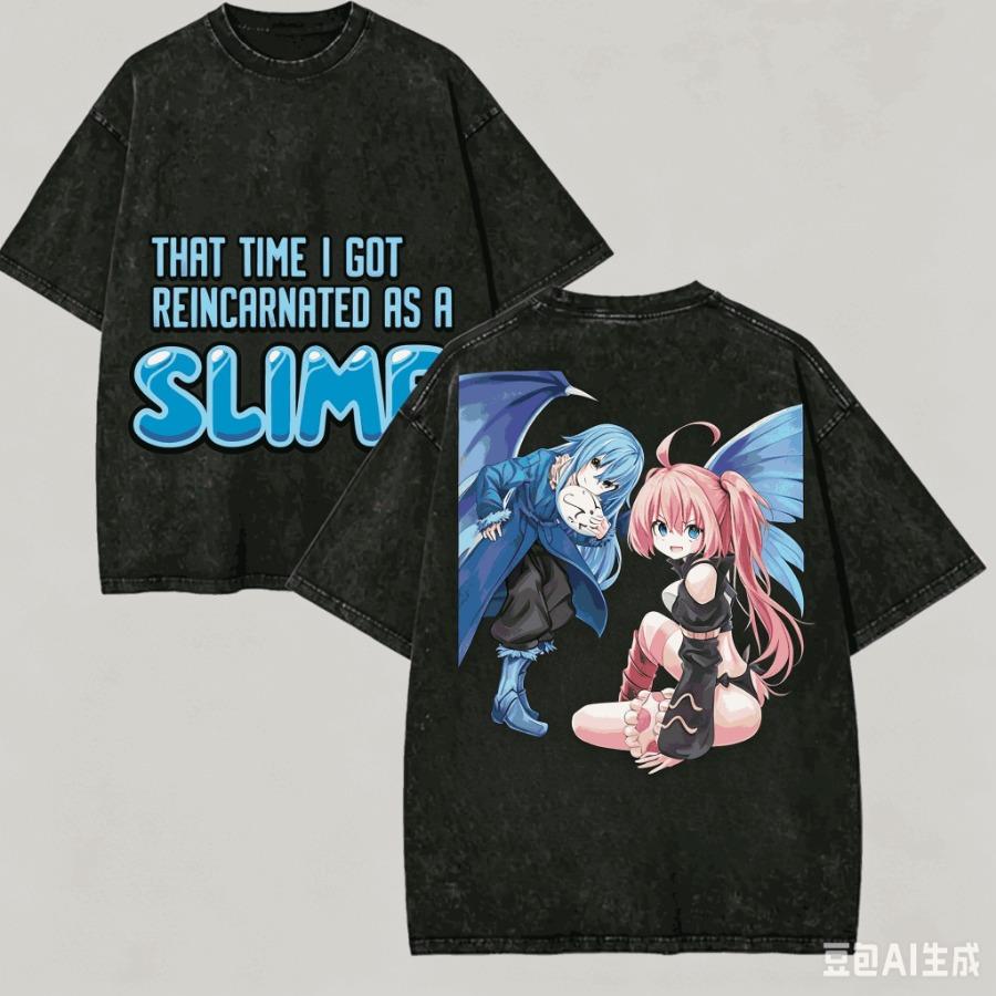 Slime Anime T-Shirt Harajuku Vintage Washed T-Shirt Casual Cotton Loose Unisex Short Sleeve Top
