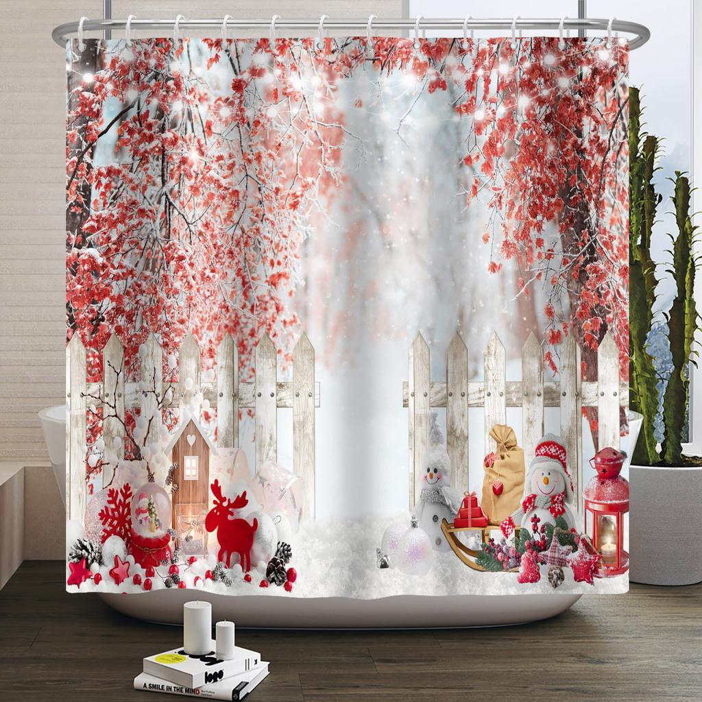 Christmas Shower Curtain Snowflake Snowman Winter Forest Bathroom Bathtub Decoration Waterproof Fabric With Hooks