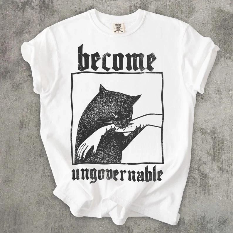 Become Ungovernable Cat Meme Shirt Biting Hand Funny Rebel Graphic Tee M
