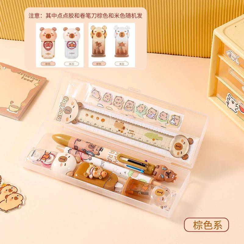 1set Capybara Stationery Set Ruler Ballpoint Pen Gel Pen Correction Tape Sticky Note Pencil Case Cute Stationery Gifts Wholesale