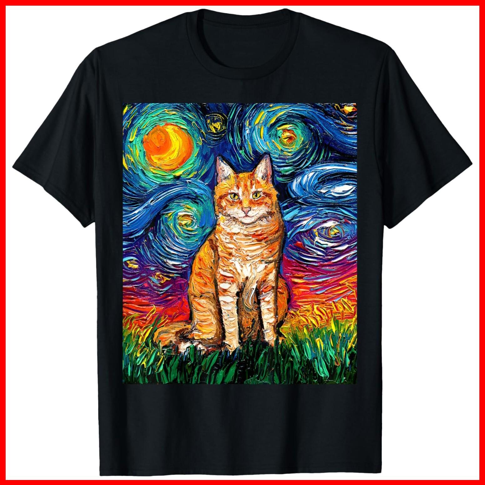 Orange Tabby Tiger Cat Starry Night Colorful Art by Aja Black Cotton T-Shirt XXXXL