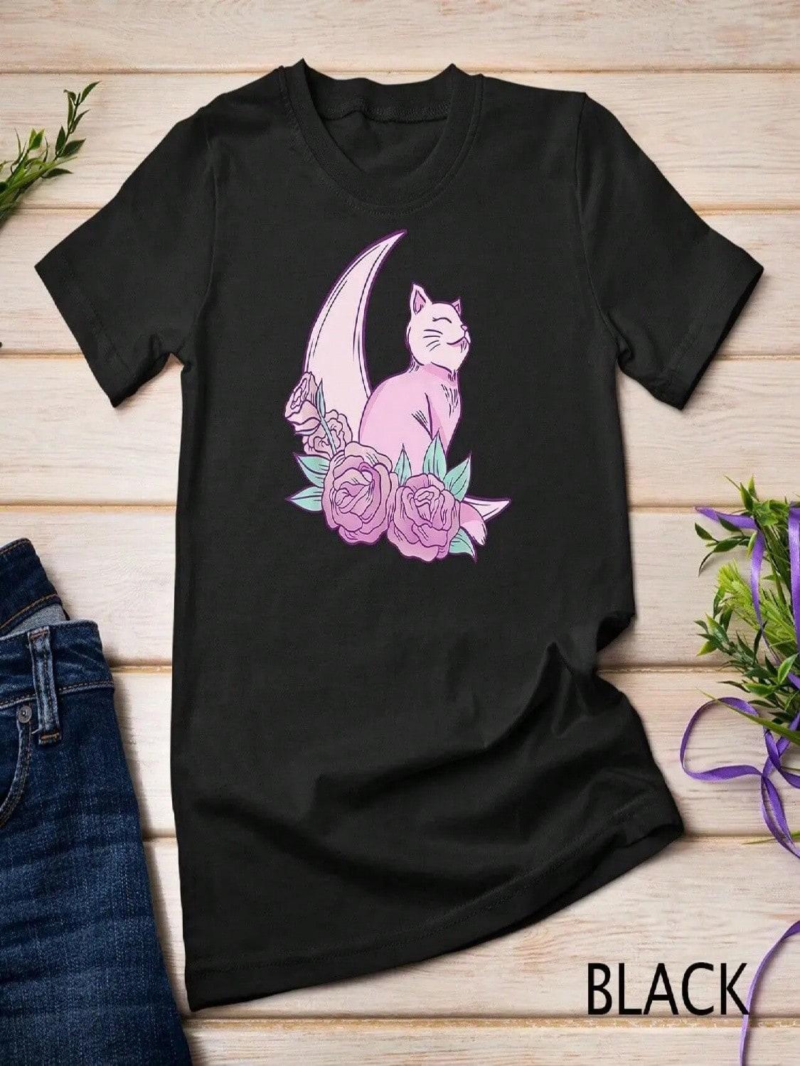 Cat Moon Roses Pastel Goth Aesthetic Kawaii T Shirtn Girls Women Shirt S разноцветный