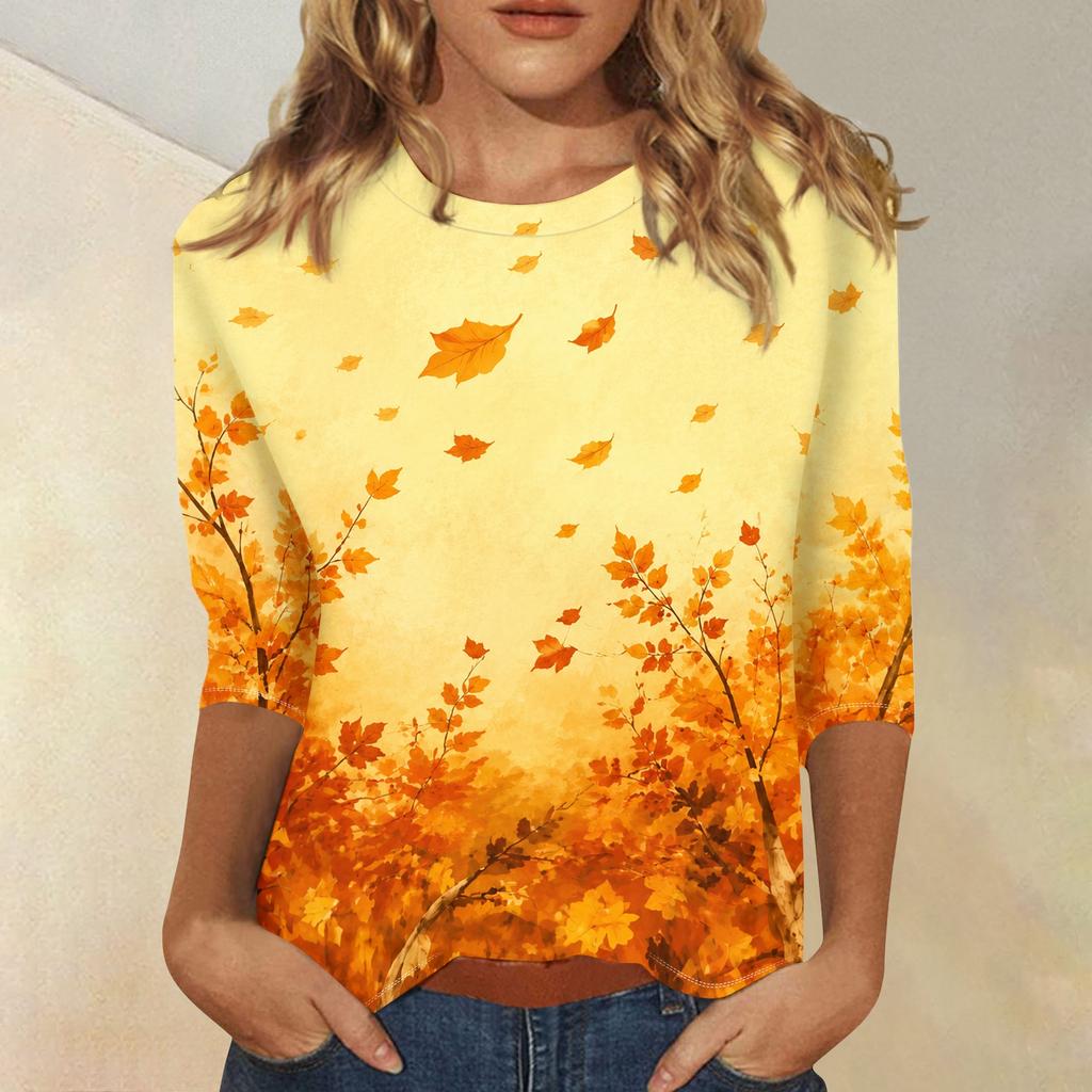 Women's Fashion 3/4 Sleeve Round Neck Top with Maple Leaf Print for Casual Wear