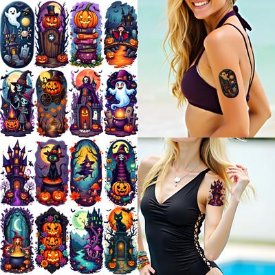 12pcs Temporary Tattoo Halloween Decor Temporary Tattoo Stickers Spooky Stickers Waterproof Long-lasting Body Stickers For