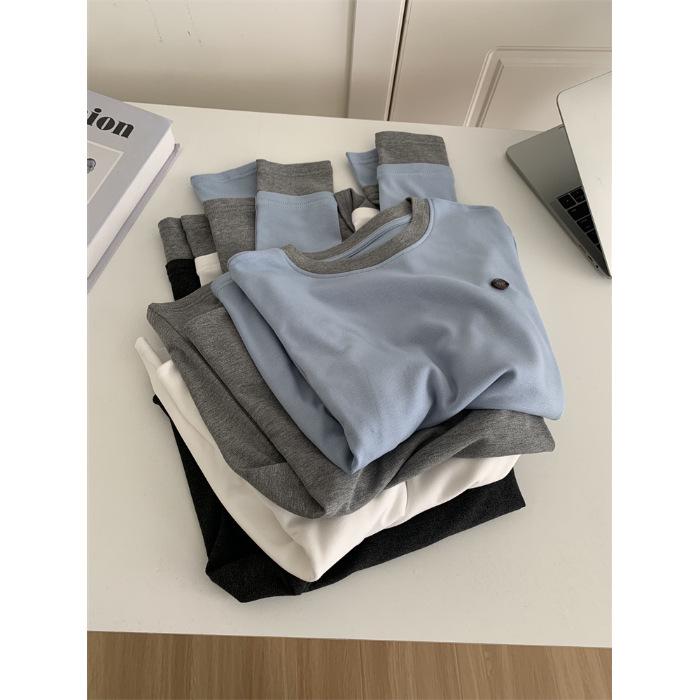 Women's Premium Color Block Round Neck Long Sleeve Fleece T-shirt - Autumn/Winter Imitation Cashmere Base Layer
