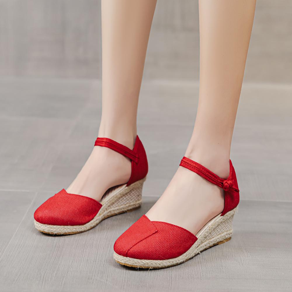 Patchwork Women Linen Wedge Espadrilles Sandals 6cm High Heel Summer Elegant Lady Close Toe Shoes Black Red White Beige
