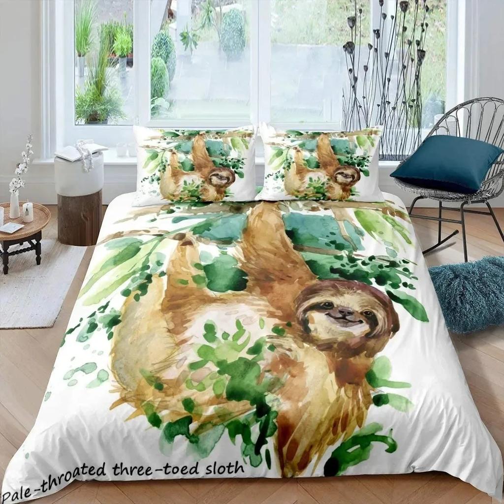 Kids Sloth Duvet Cover Set Queen King Size Cute Animal Pattern Polyester Comforter Cover Branches Winter Theme for Boys Girls