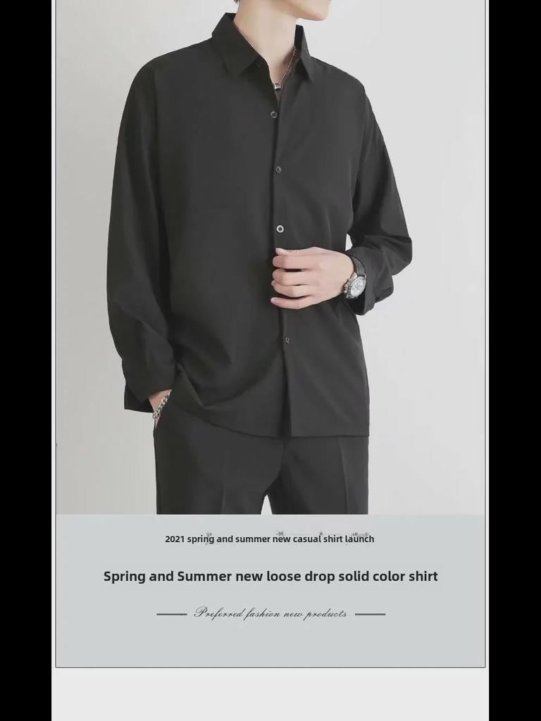 Herr sommarskjorta i svart is-siden med lång ärm - Grå, Strykfri, Lös, Vardaglig, Snygg design