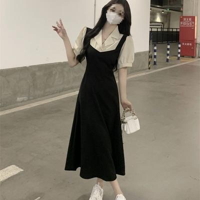 Temperament Elegant Style Fake Two-piece Bubble Sleeve Dress Female Summer Fat Sister Covering Meat and Showing Thinness Contrasting Color A-shaped L