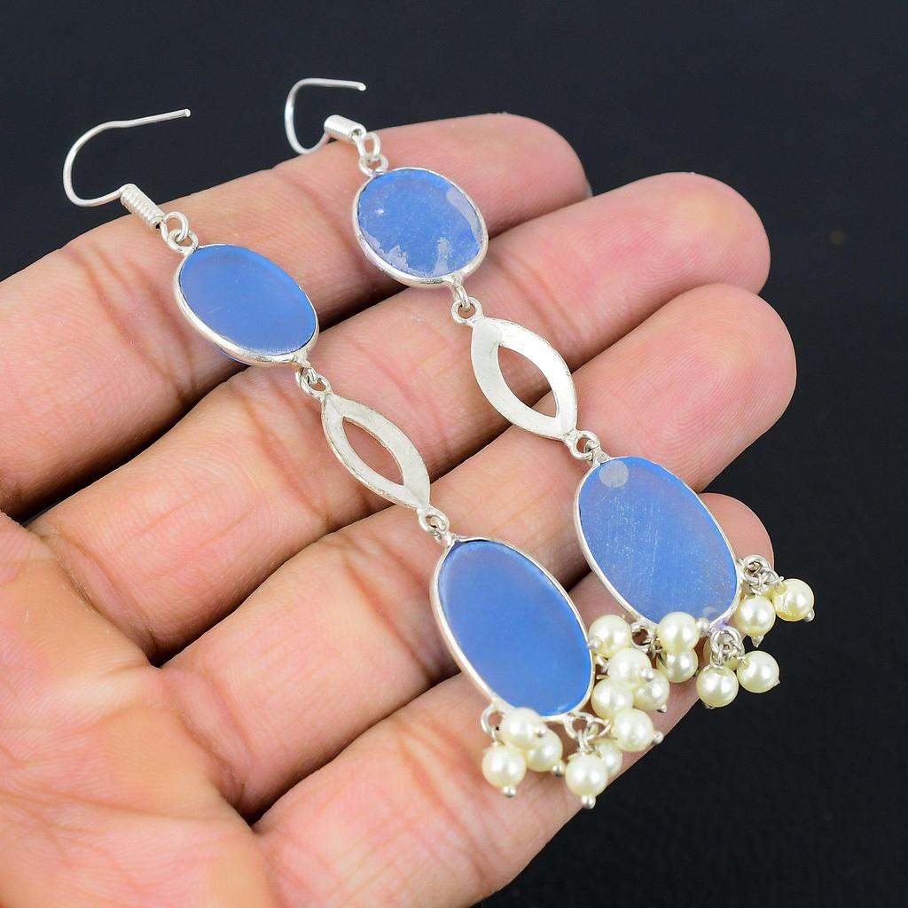 Blue Chalcedony Gemstone Sterling Silver Engagement Dangle Drop Wedding Earrings