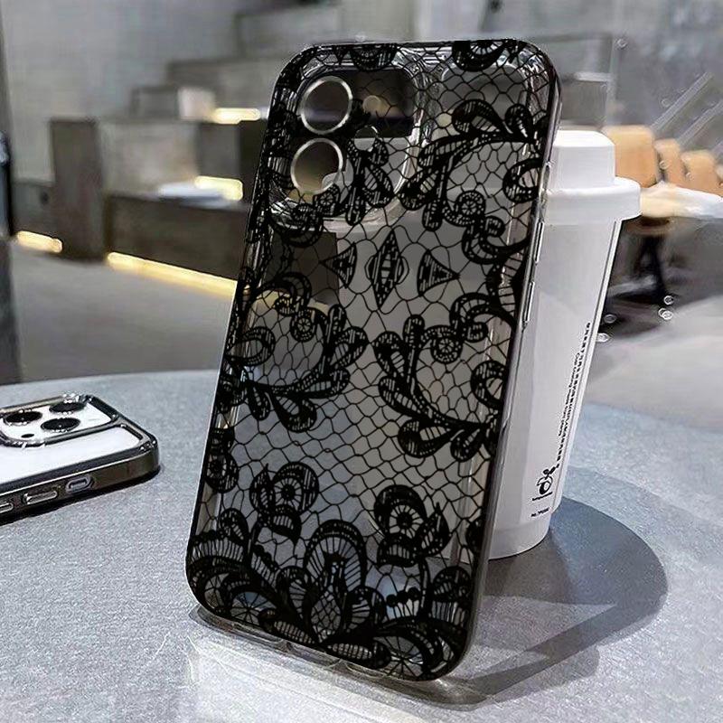 Trendy Black Lace Flower Pattern Phone Case For iPhone 17 16 15 14 Pro 17 Air 13 12 11 Max Mini 7 8 Plus XR XS Soft Clear Cover